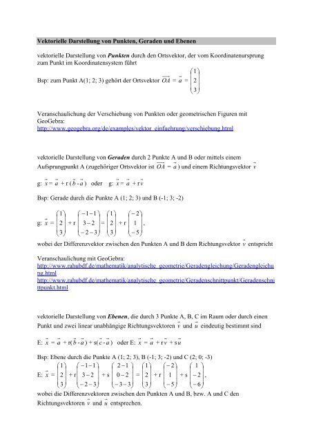 Vektorielle Darstellung von Punkten, Geraden und Ebenen