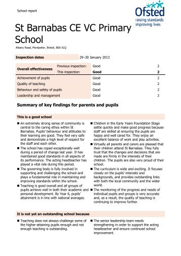 our latest Ofsted Report - St Barnabas CEVC Primary School