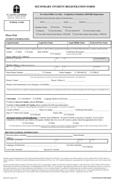 secondary student registration form - St. Clair Catholic District ...