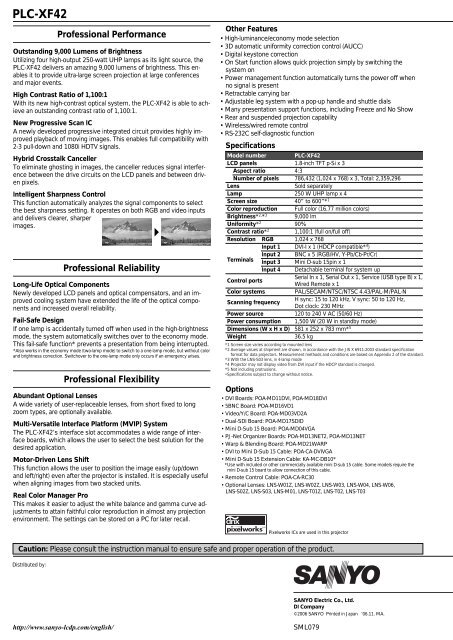 View Sanyo PLC-XF42 / Eiki LC-XT9 Specs - AV Chicago