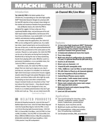 1604-VLZ PRO 16-Channel Mic/Line Mixer Spec Sheet - Mackie