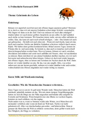 4. FrÃ¼hschicht Fastenzeit 2008 Thema: Geheimnis des Lebens ...