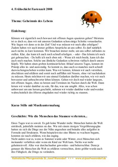 4. FrÃ¼hschicht Fastenzeit 2008 Thema: Geheimnis des Lebens ...