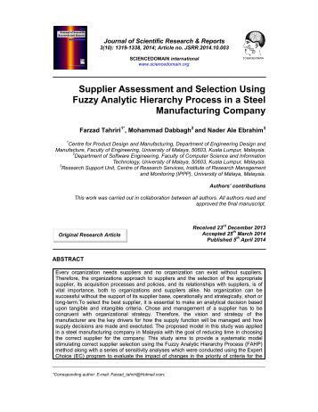 Supplier Assessment and Selection Using Fuzzy Analytic Hierarchy Process in a Steel Manufacturing Company