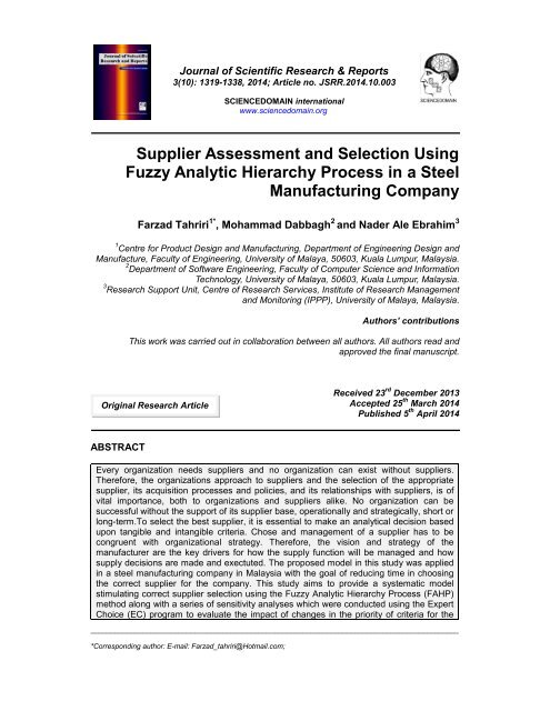 Supplier Assessment and Selection Using Fuzzy Analytic Hierarchy Process in a Steel Manufacturing Company