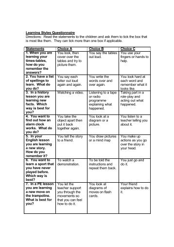 Learning Styles Questionnaire Directions: Read the statements to ...