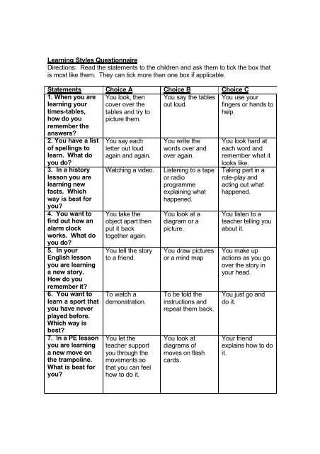 Learning Styles Questionnaire Directions: Read the statements to ...