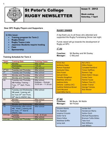 St Peter's College RUGBY NEWSLETTER