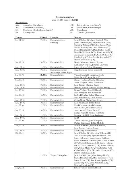 Messdienerplan vom 01.10. bis 31.12.2011