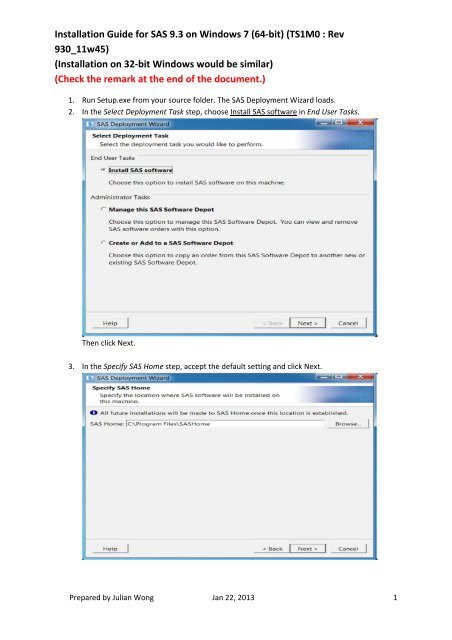 Installation Guide for SAS 9.3 on Windows 7 (64-bit) (TS1M0 : Rev ...