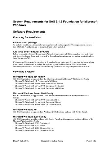 System Requirements for SAS 9.1.3 Foundation for Microsoft ...