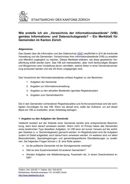 Verzeichnis Der Informationsbestande Staatsarchiv Kanton Zurich
