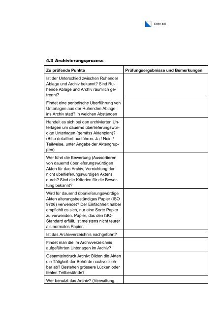 Checkliste für Visitationen - Staatsarchiv - Kanton Zürich