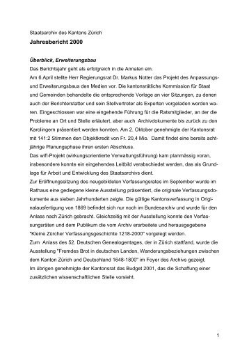 Jahresbericht 2000 - Staatsarchiv - Kanton Zürich