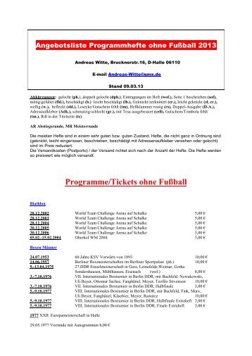 Programme/Tickets ohne Fußball - Stadionheft.de