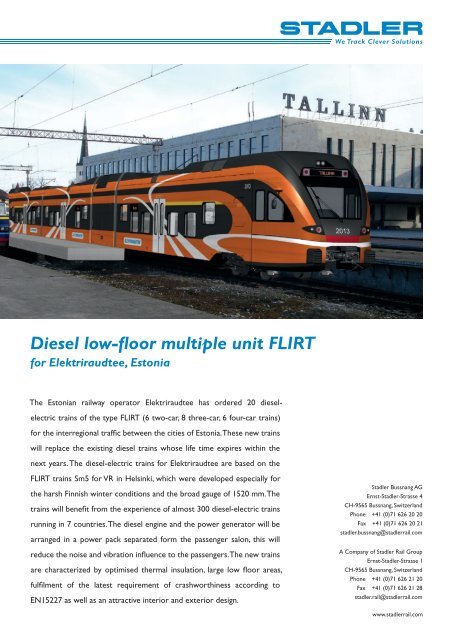 Diesel low-floor multiple unit FLIRT for Elektriraudtee, Estonia - Stadler