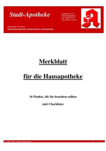 Stadt-Apotheke Merkblatt fÃ¼r die Hausapotheke