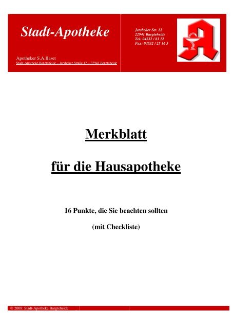 Stadt-Apotheke Merkblatt fÃ¼r die Hausapotheke