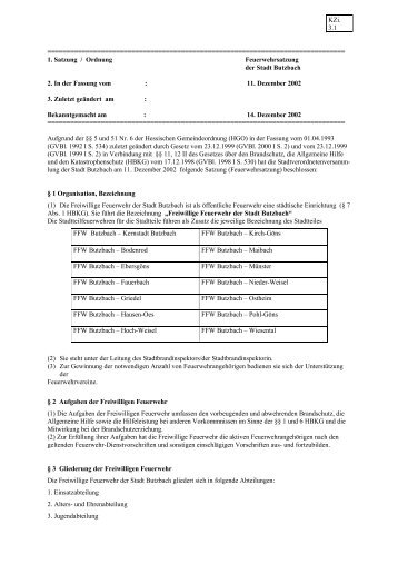 1. Satzung / Ordnung Feuerwehrsatzung der - Stadt Butzbach