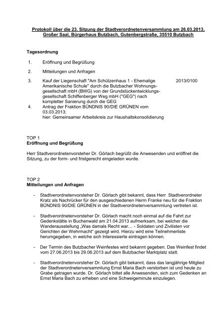 Protokoll Ã¼ber die 23. Sitzung der ... - Stadt Butzbach