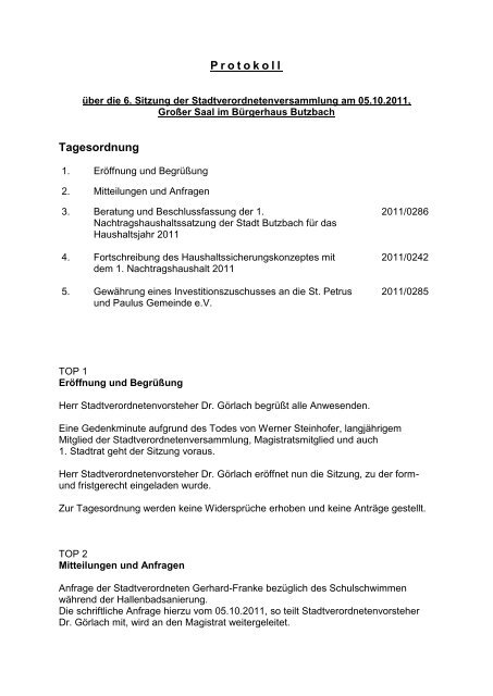 Protokoll Tagesordnung - Stadt Butzbach