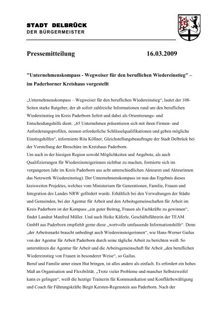 Pressemitteilung 16.03.2009 - Delbrück