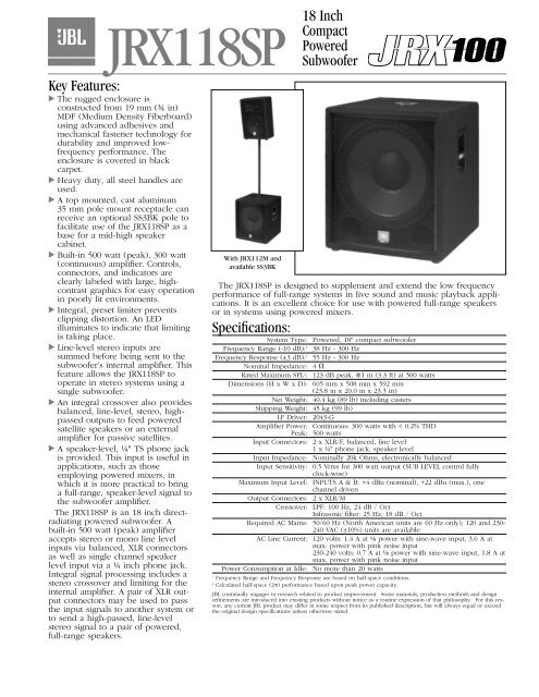 JRX118SP Spec Sheet - JBL Professional