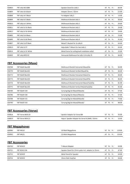 FBT Price List 4-2011 - Audio Tech