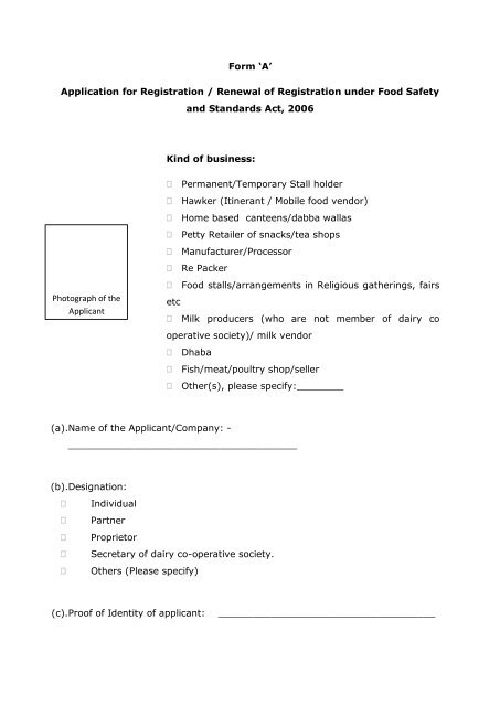 'A' Application for Registration / Renewal - Food Safety and ...