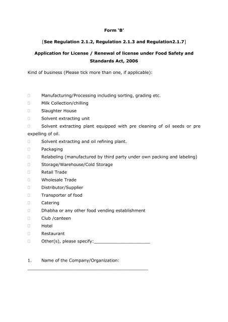 'A' Application for Registration / Renewal - Food Safety and ...