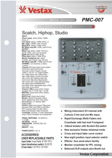 Vestax PMC 007 Data sheet - DJ Deals