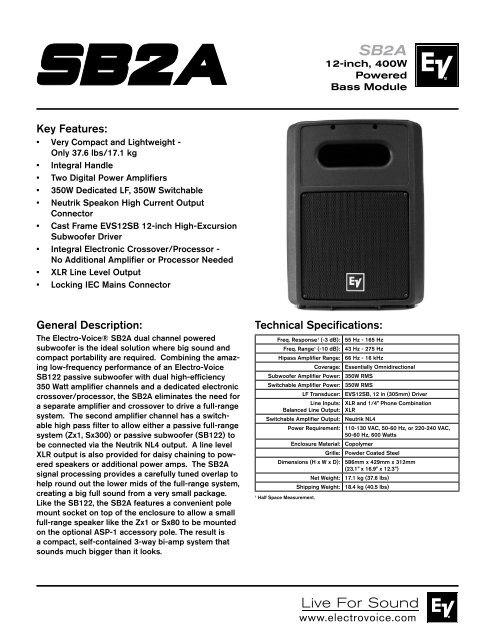 SB2A Engineering Data Sheet 403 KB | 7 August 2009 - Electro-Voice