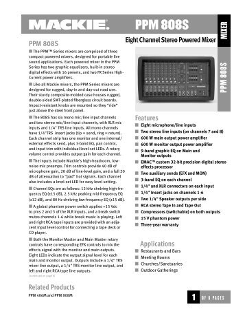PPM 808S Eight Channel Stereo Powered Mixer Spec Sheet - Mackie