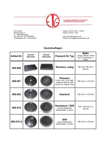 Gummiauflagen - ETG Hebebuehnen und Ersatzteile