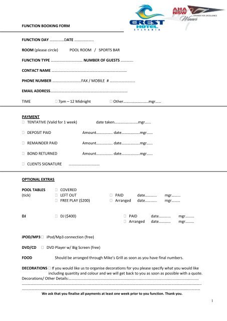 FUNCTION BOOKING FORM FUNCTION DAY ... - Media Suite