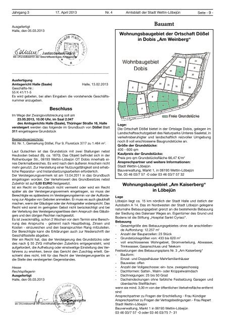 ( 4 MB / PDF )Amtsblatt der Stadt Wettin-LÃ¶bejÃ¼n 17.04.2013