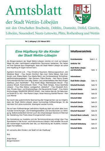 ( 3 MB / PDF )Amtsblatt der Stadt Wettin-LÃ¶bejÃ¼n 20.02.2013