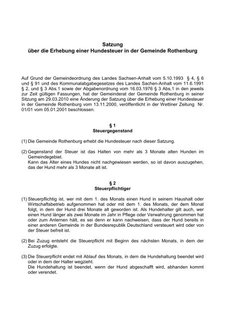 Satzung Ã¼ber die Erhebung einer Hundesteuer in der Gemeinde ...