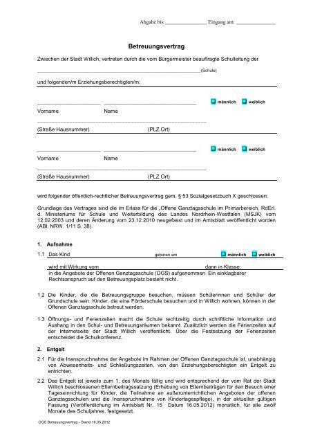 Betreuungsvertrag für die Offenen Ganztagsschulen ... - Stadt Willich