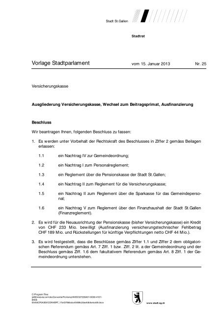 Vorlage Stadtparlament Stadtverwaltung St Gallen