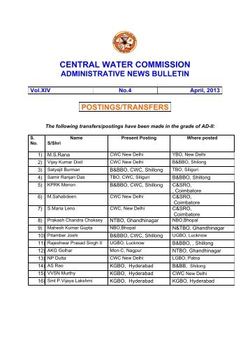 postings/transfers - Central Water Commission