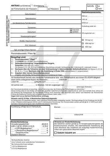 Antrag auf Erteilung einer Fahrerlaubnis mit 17 - Stadtamt - Bremen