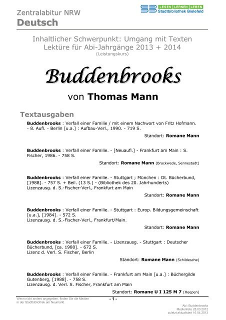 BUDDENBROOKS von Thomas Mann - Stadtbibliothek Bielefeld
