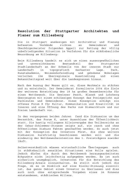 Resolution der Stuttgarter Architekten und Planer zum Killesberg