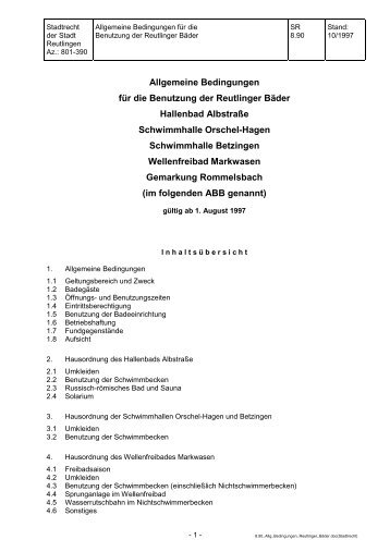 8.90 Allgemeine Bedingungen fÃ¼r die Benutzer der Reutlinger BÃ¤der