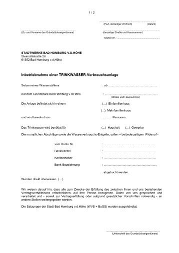 Wasser Inbetriebnahme Formular neue Adresse - Stadtwerke Bad ...