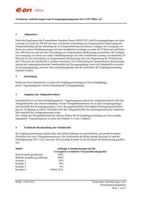 Technische Anforderungen zum Erzeugungsmanagement - E.ON Mitte