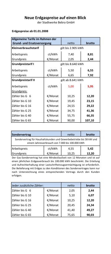 Erdgaspreise ab 01.01.2008 - Stadtwerke Bebra GmbH