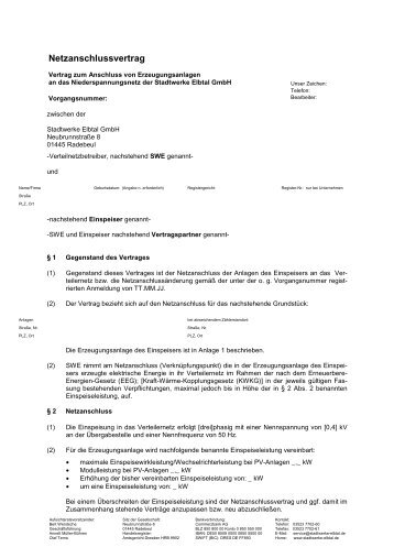Anschlussvertrag Einspeisung KK - Stadtwerke Elbtal GmbH