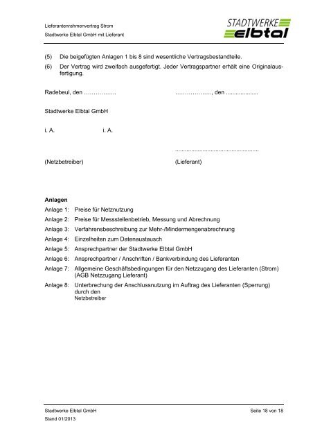 Lieferantenrahmenvertrag (Strom) - Stadtwerke Elbtal GmbH